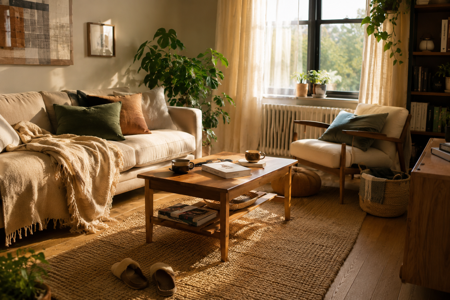 Sunlit living room with a linen sofa, a rumpled throw blanket and trailing houseplants on a shelf