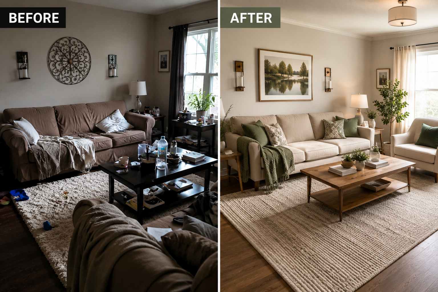  Side by side comparison of a small living room with a bulky floor-length sofa and the same room with a slim sofa on exposed wooden legs 