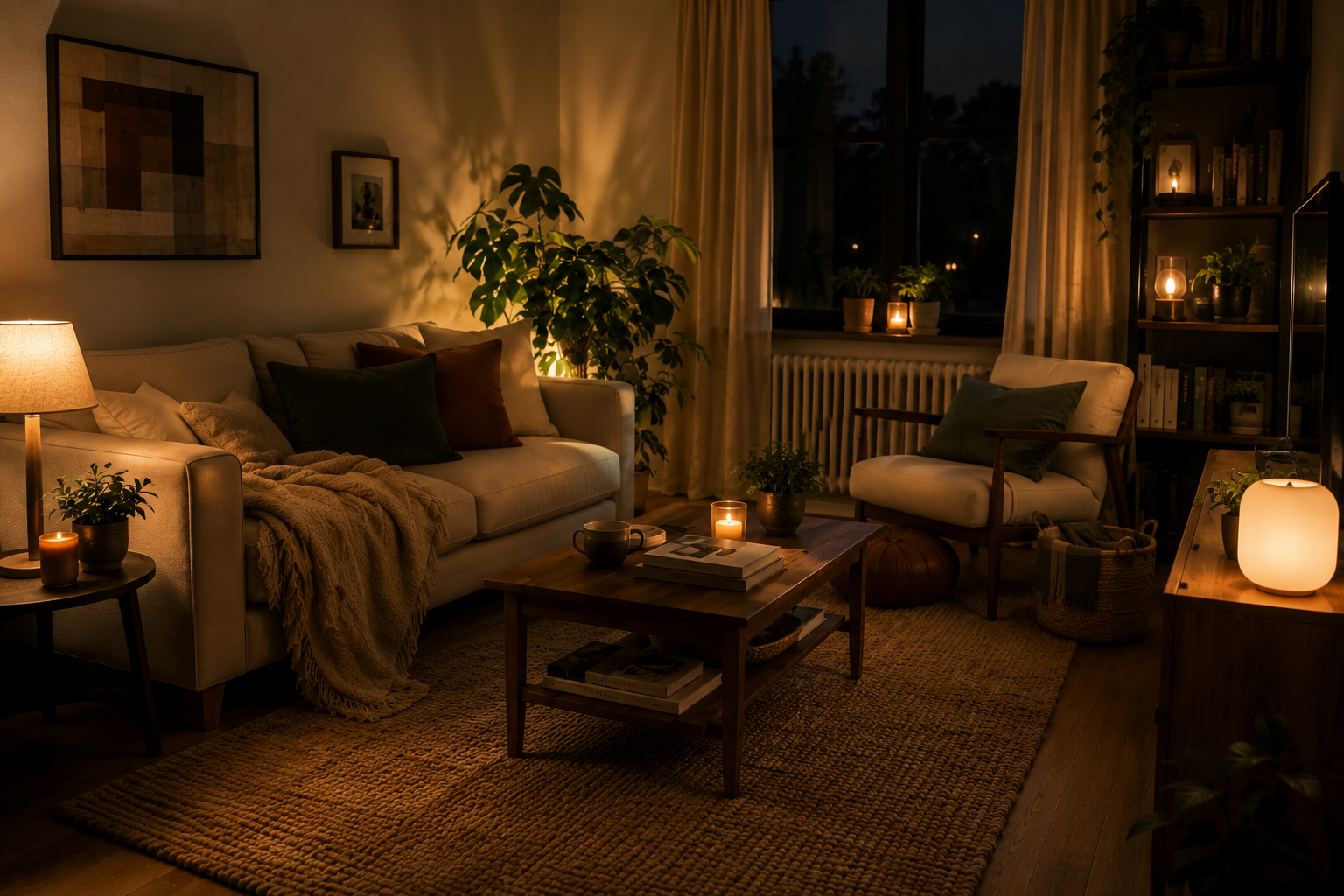 Living room at dusk lit by a floor lamp, a table lamp and a wall sconce instead of an overhead light