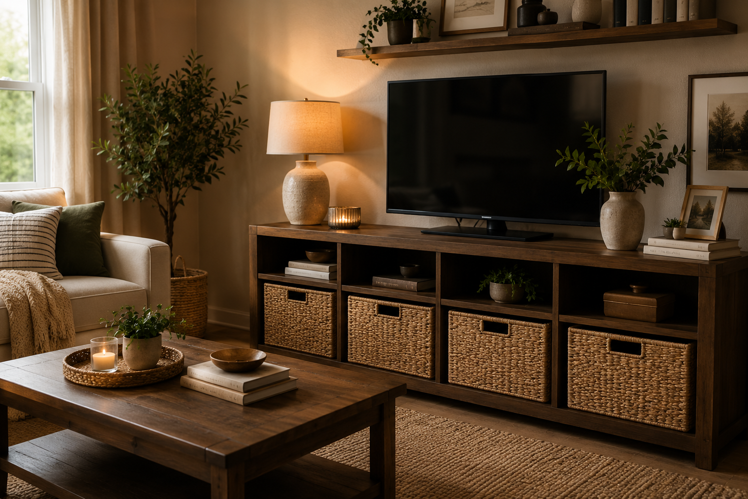 Woven seagrass baskets with lids tucked beside a sofa and under a console table