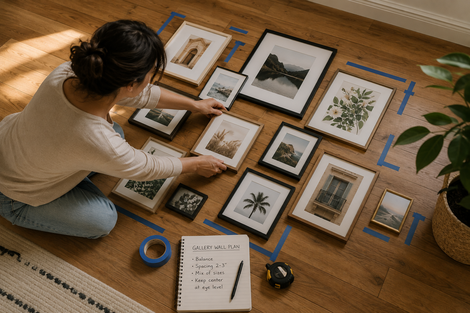 Picture frames arranged on a wooden floor to plan a gallery wall before hanging