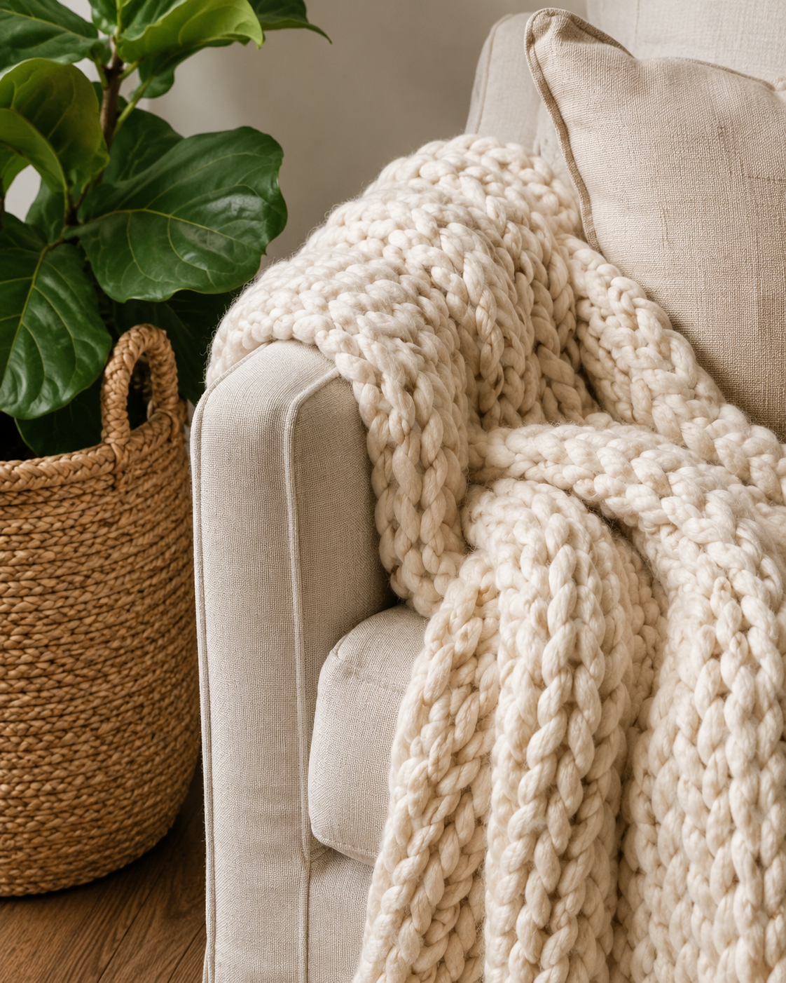 Close up of a chunky knit throw draped over a linen sofa beside a jute basket and a large leafy plant 