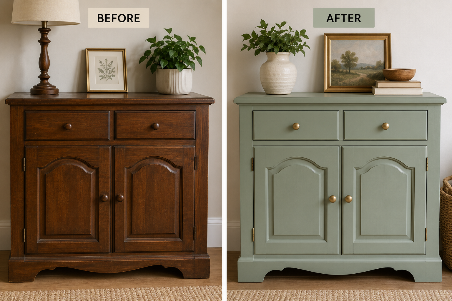A dated wooden cabinet before and after being repainted in a soft muted green