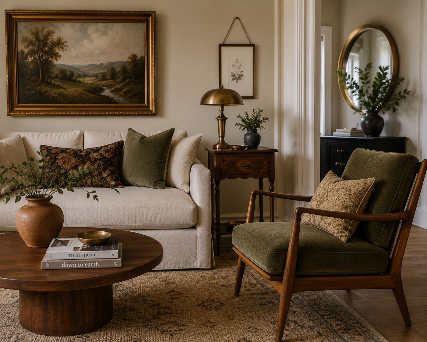 Living room combining a modern sofa, a mid-century armchair and an antique side table linked by warm wood tones and brass accents