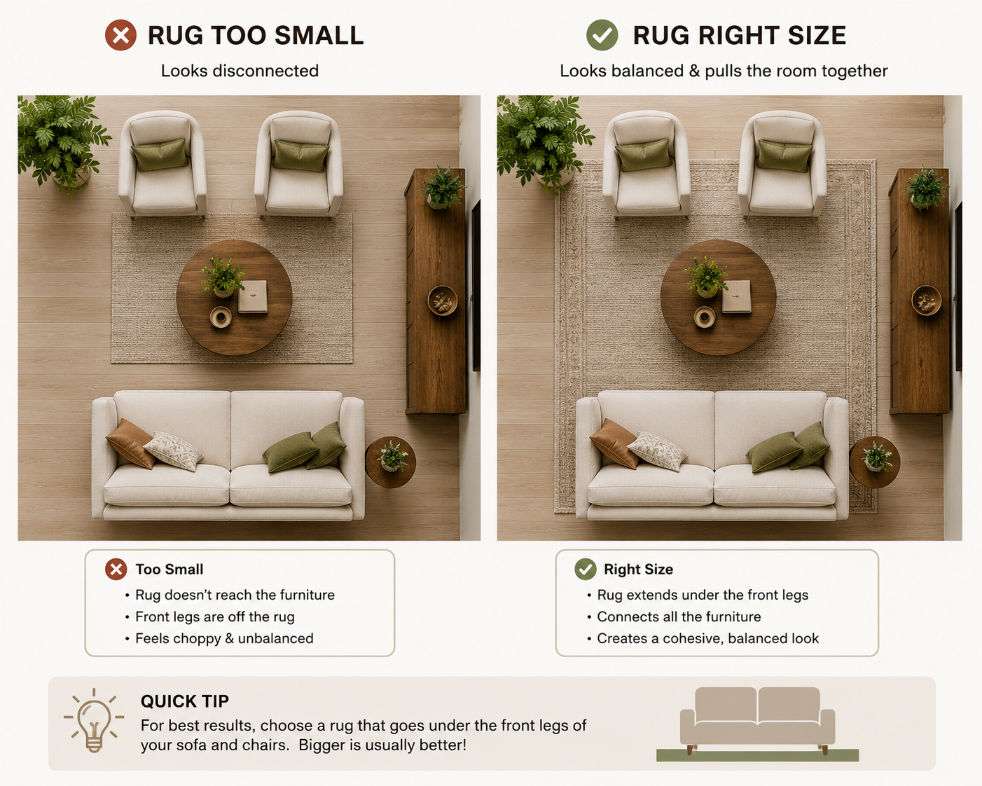 Diagram comparing a rug too small for a seating area with a correctly sized rug that the front sofa legs sit on