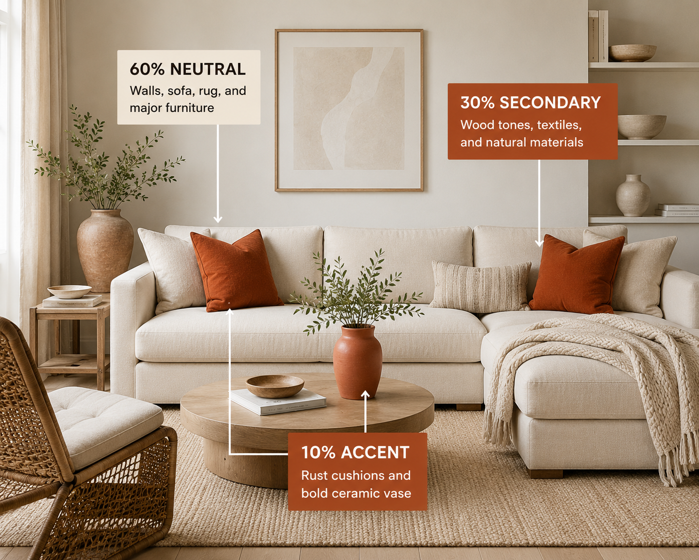 Calm neutral living room with a cream sofa and pale walls, accented by two rust coloured cushions and a bold ceramic vase