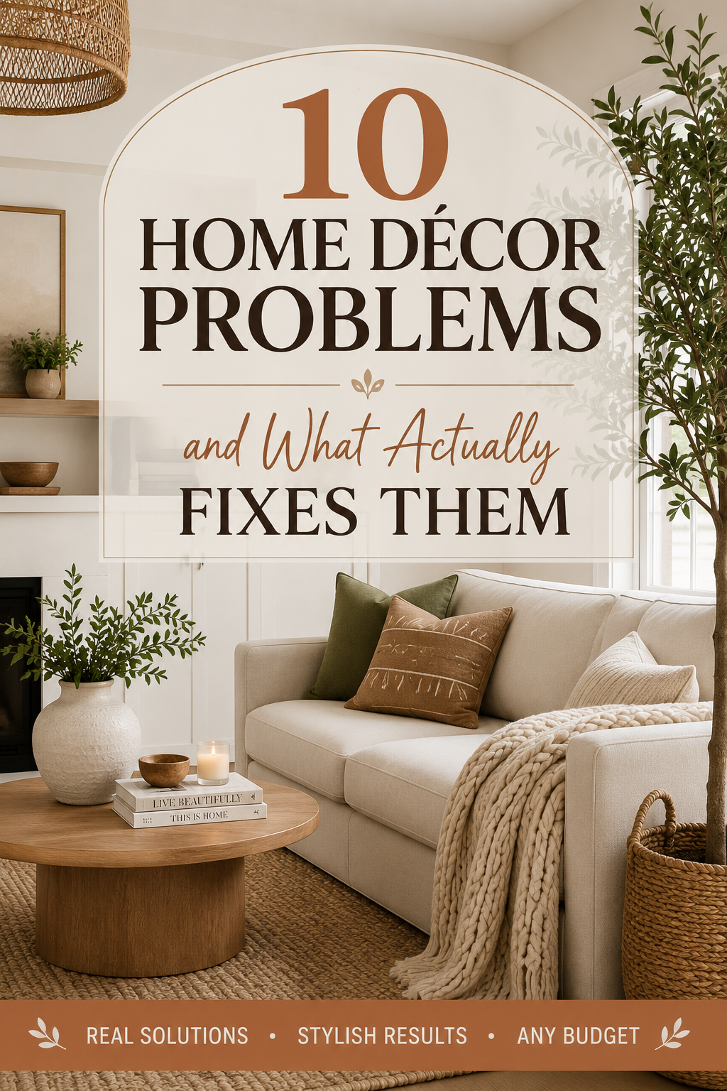  Pinterest graphic reading 10 Home D&eacute;cor Problems and What Actually Fixes Them over a bright living room Size: Vertical, 1000 &times; 1500 px (2:3) 