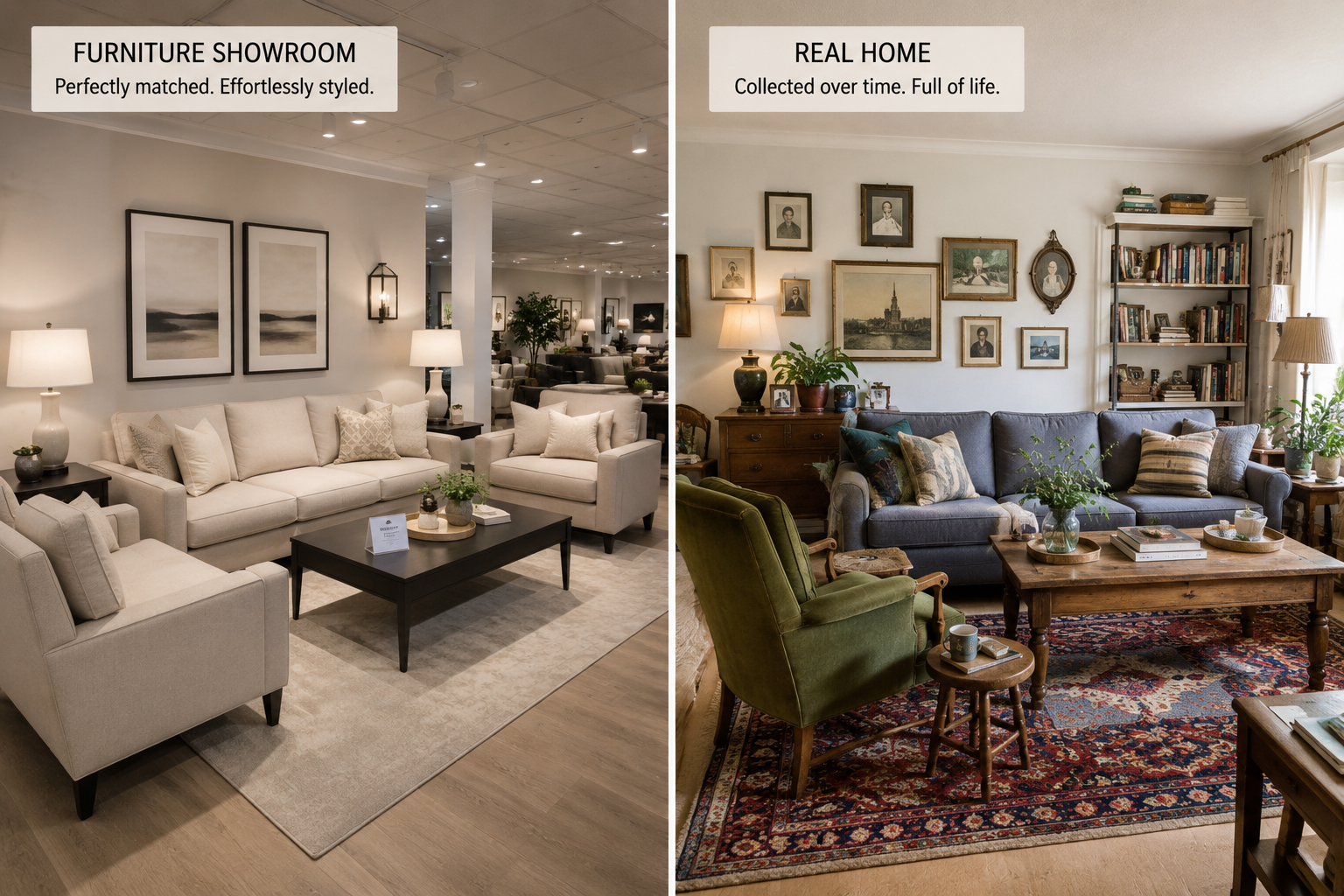 A furniture showroom display beside a real lived-in living room with mismatched pieces and personal objects