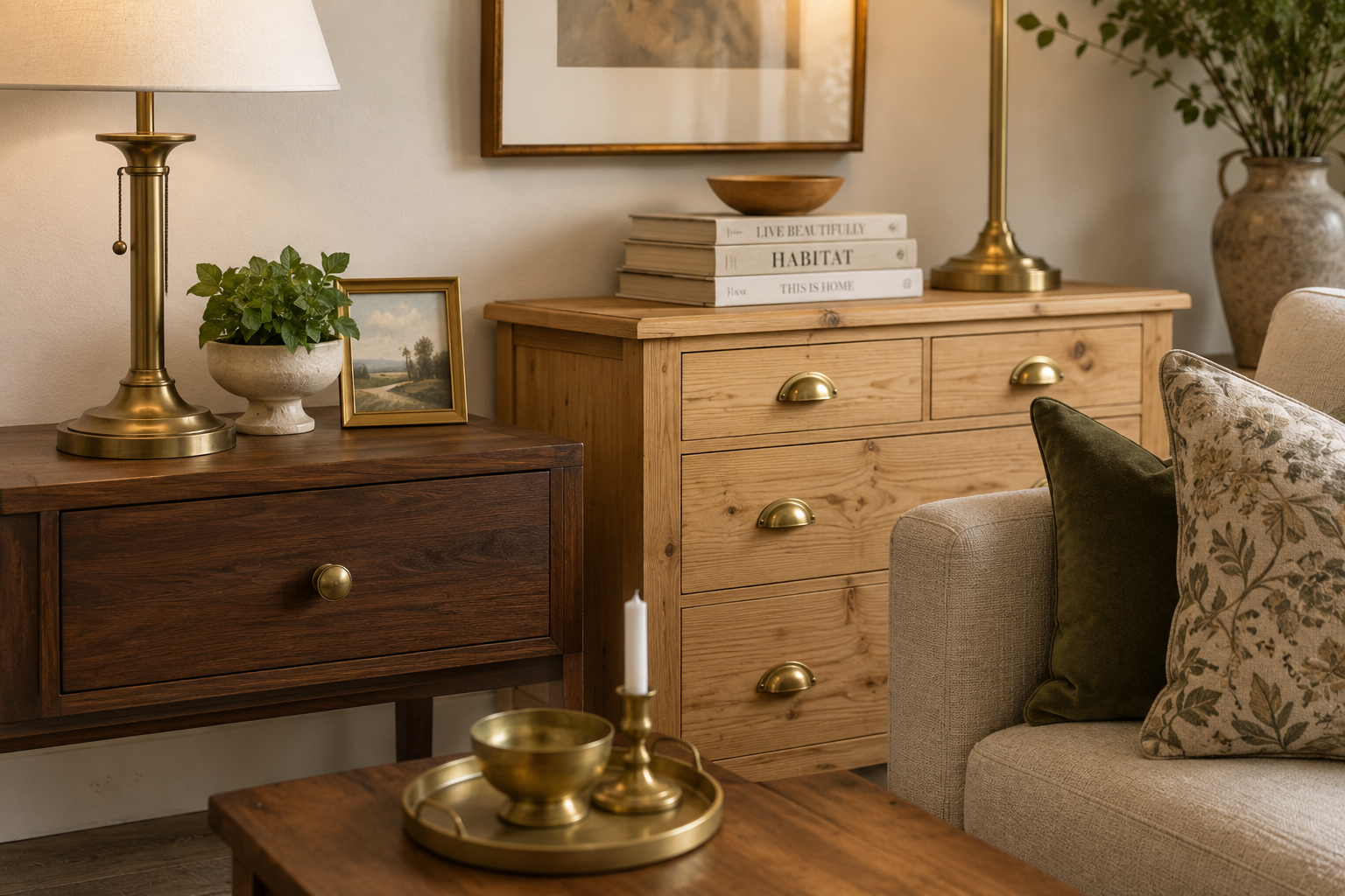 Detail shot showing warm oak, walnut and pine pieces in one room unified by brass hardware and lamp bases