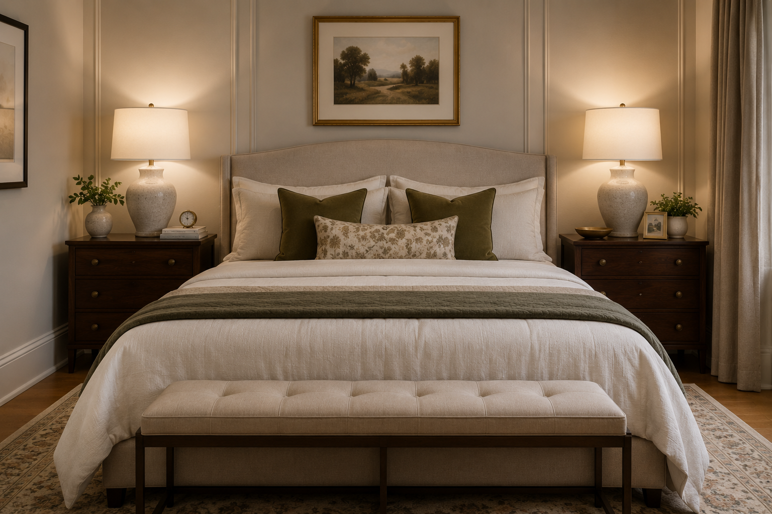 Bedroom with two identical lamps on either side of the bed showing where symmetry works better than variety