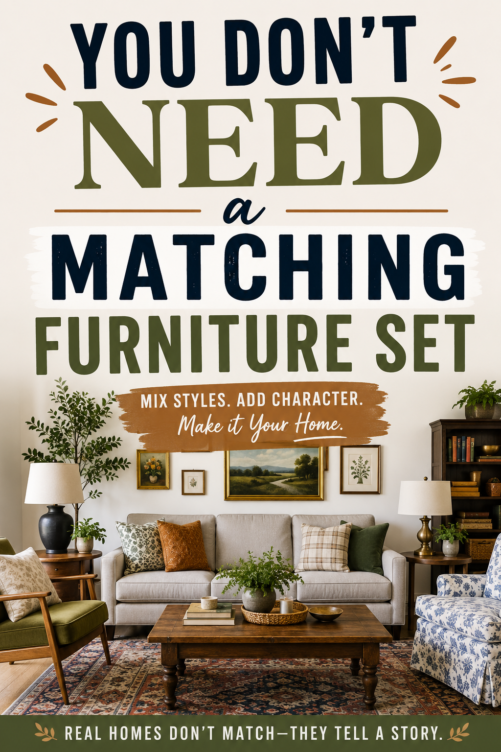 Pinterest graphic reading You Don't Need a Matching Furniture Set over a living room with mixed furniture styles