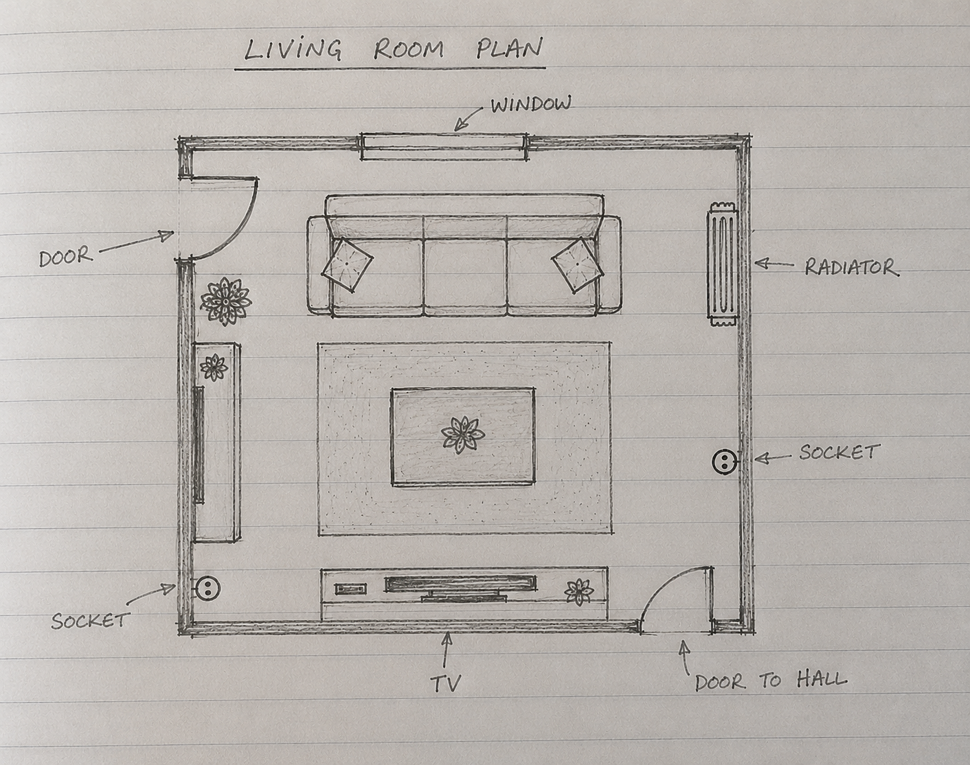 Hand drawn living room floor plan with door swings, radiator and sockets marked in pencil
