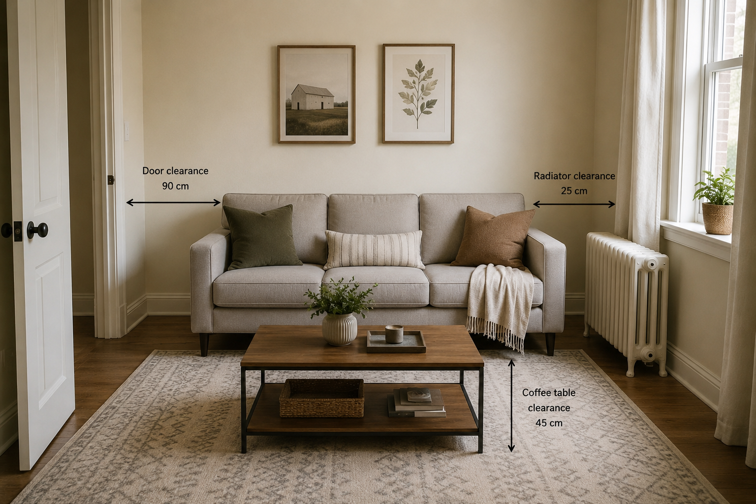 Sofa positioned along a wall with visible clearance from a radiator and an unobstructed door opening