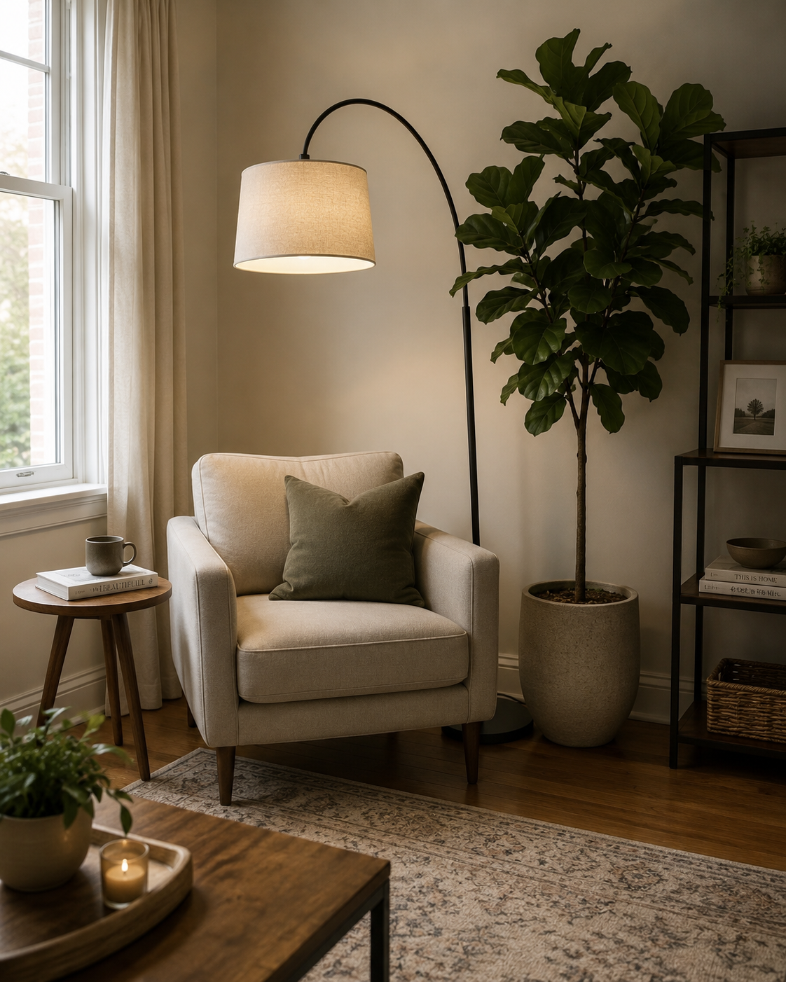 Living room corner with an arc floor lamp curving over an armchair beside a tall leafy plant
