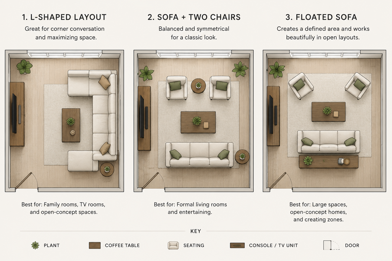Three simple overhead diagrams showing an L-shaped layout, a sofa with two facing chairs, and a floated sofa with a console table