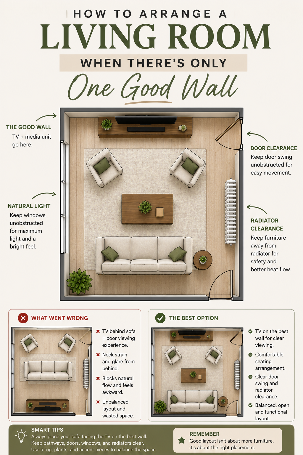 Pinterest graphic reading How to Arrange a Living Room When There's Only One Good Wall over a room layout diagram