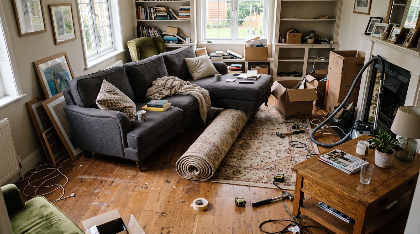Living room in the middle of being rearranged, with a sofa pushed at an angle and a rug rolled back