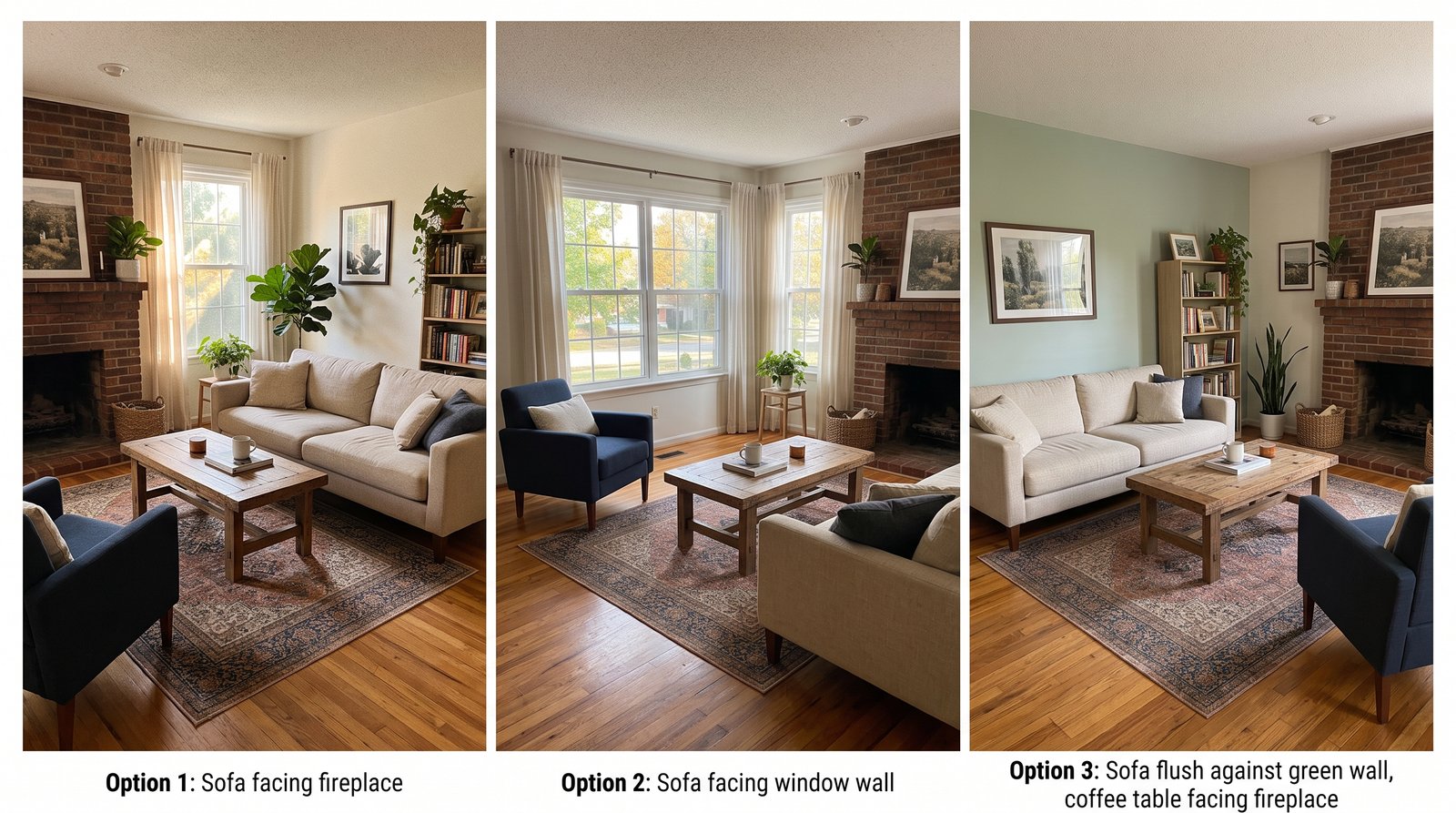 Three photographs of the same living room with the sofa on a different wall in each