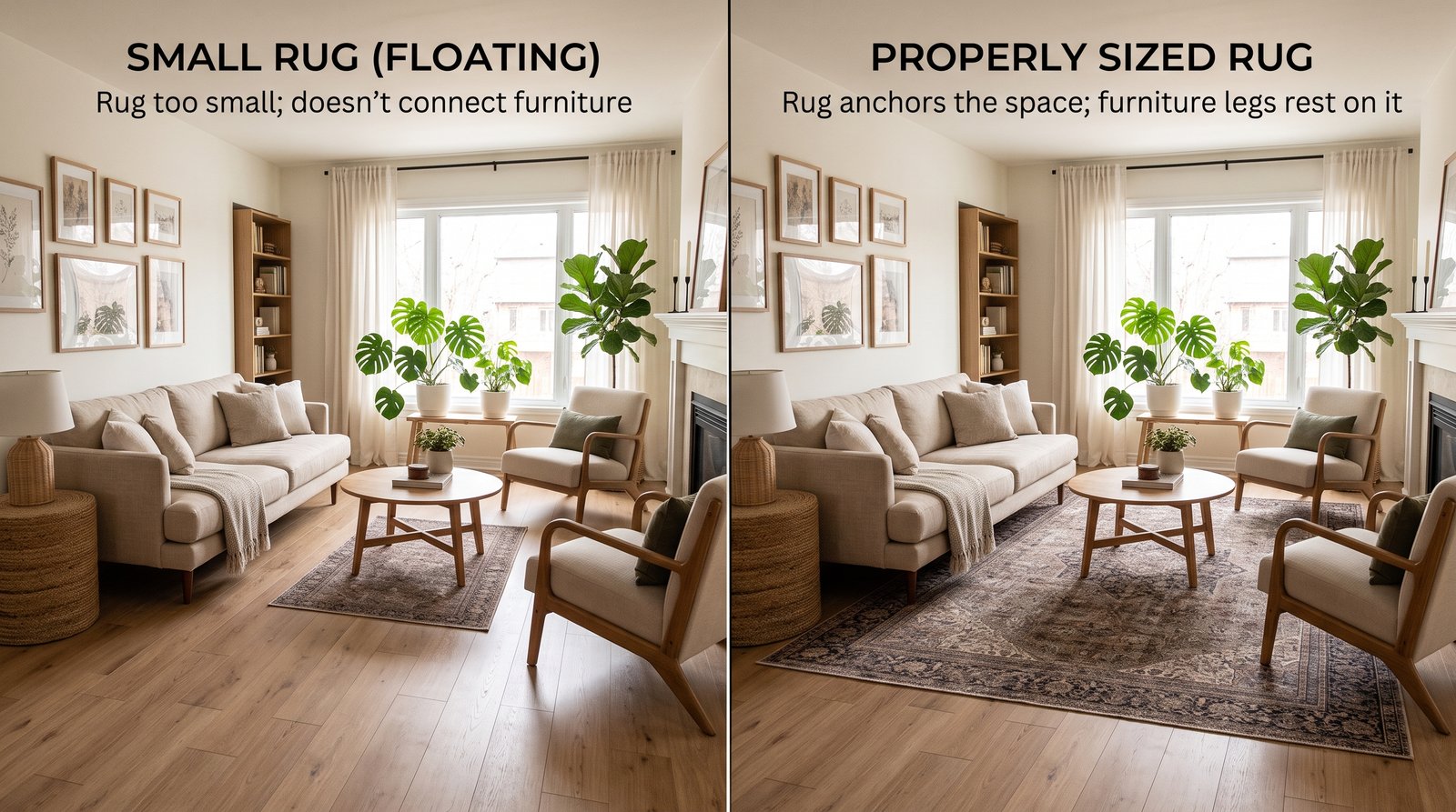A small rug floating in the centre of a living room beside the same room with a larger rug the furniture legs sit on