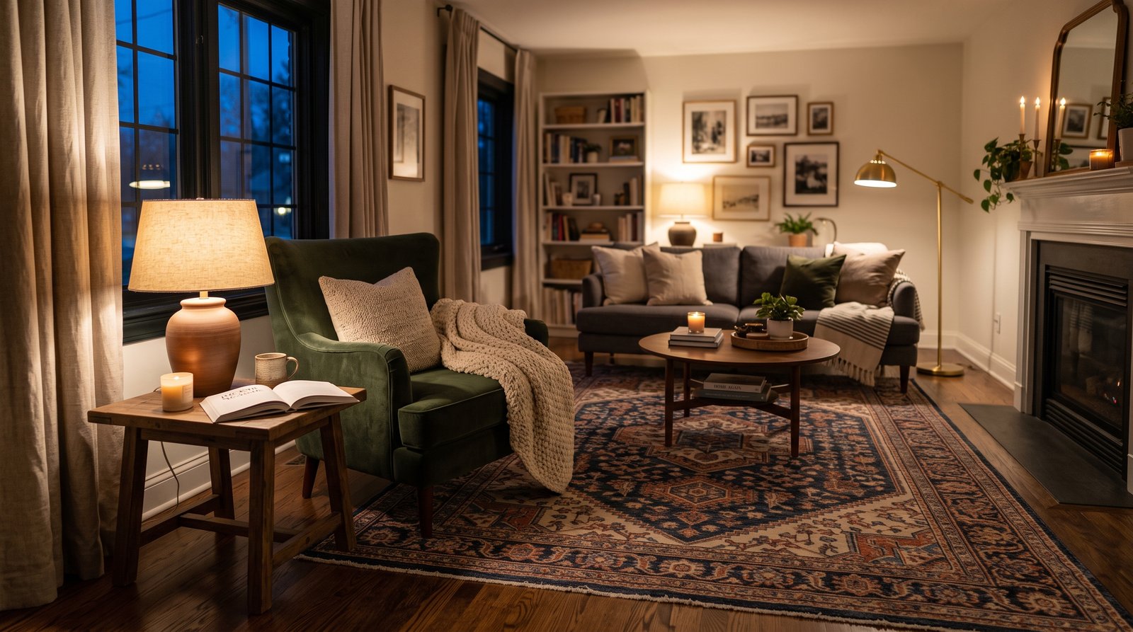 Finished living room in the evening with an angled armchair, a large rug under the furniture and warm lamplight
