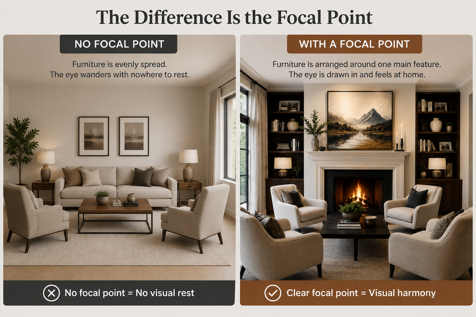 Two living rooms side by side, one with evenly spread furniture and no clear focus, one arranged around a large artwork