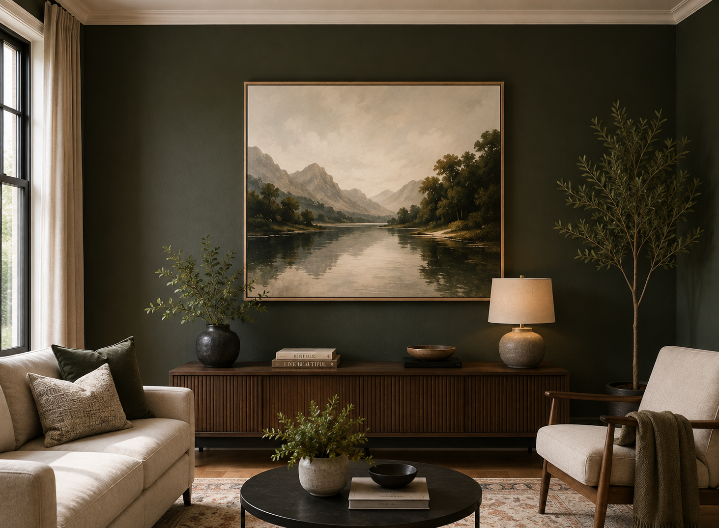 A wall painted deep green with a single large framed artwork centered on it above a low console