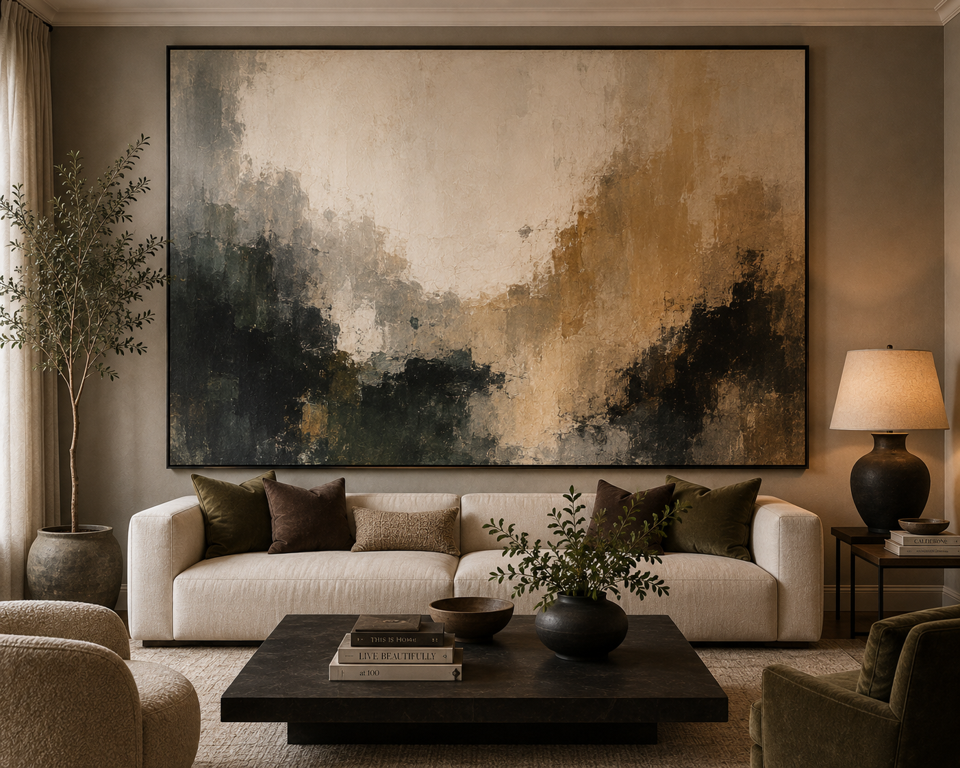 A single oversized abstract painting hung above a low sofa, filling most of the wall width