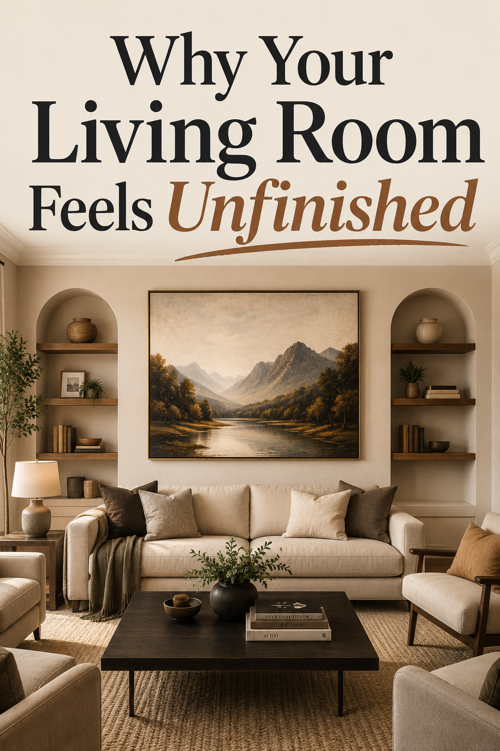 Pinterest graphic reading Why Your Living Room Feels Unfinished over a room arranged around a large artwork