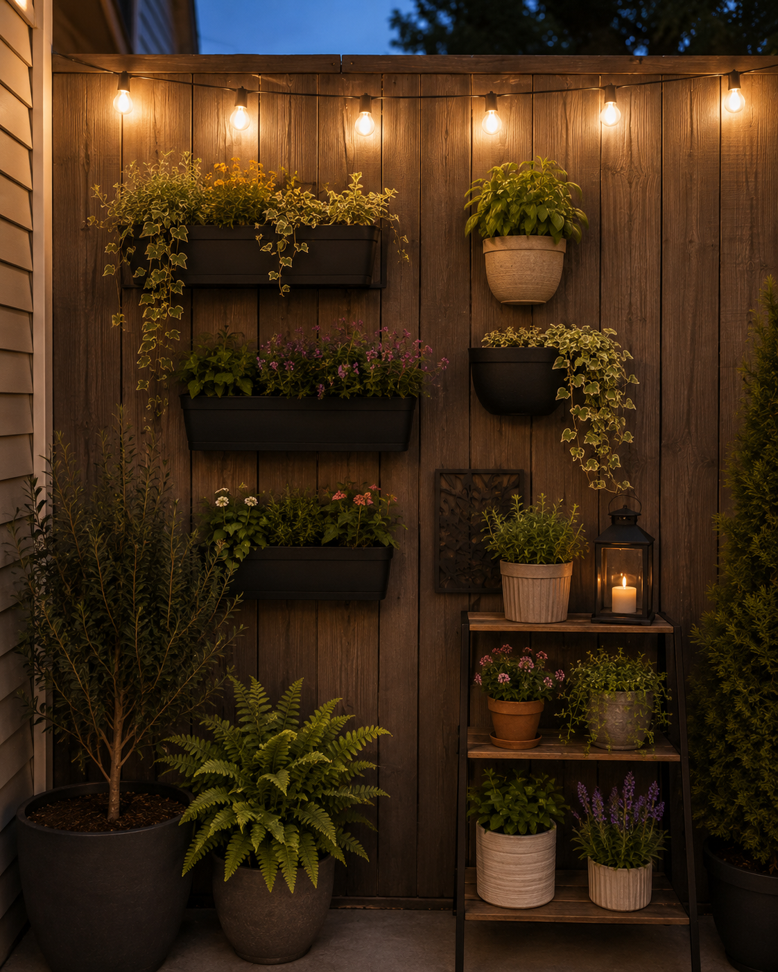 all mounted planters and a tiered plant stand against a wooden fence on a small patio