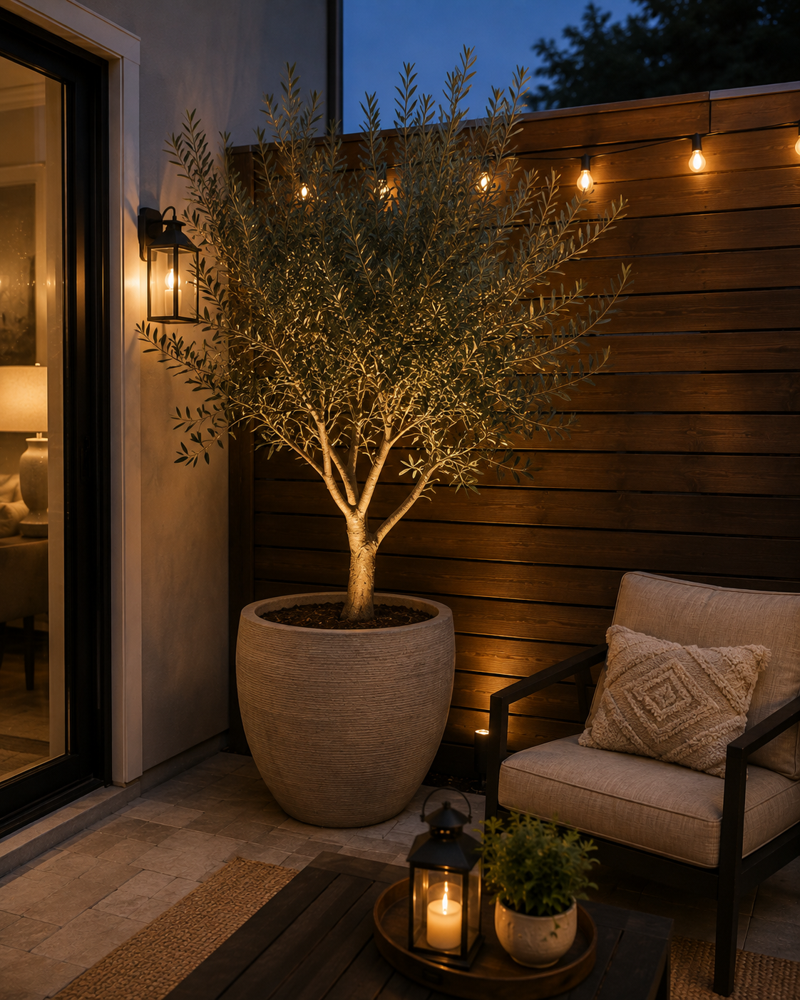 A single large olive tree in a textured pot anchoring the corner of a small patio
