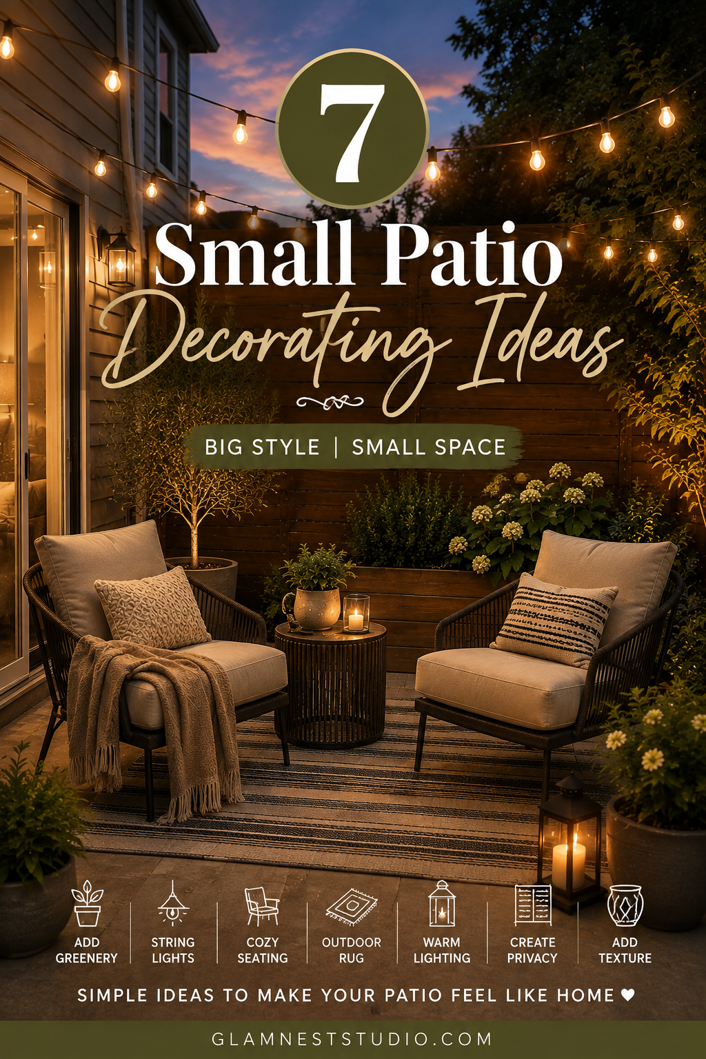 Pinterest graphic reading 7 Small Patio Decorating Ideas over an evening photo of a lit patio