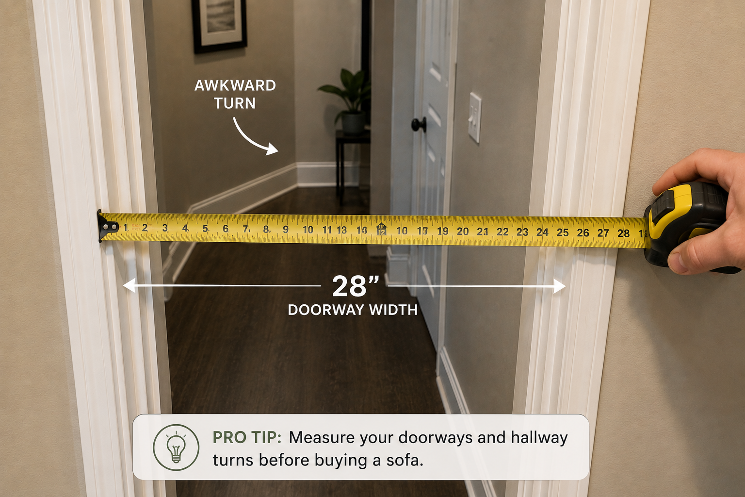 A tape measure held across a narrow interior doorway with a hallway turn visible behind it
