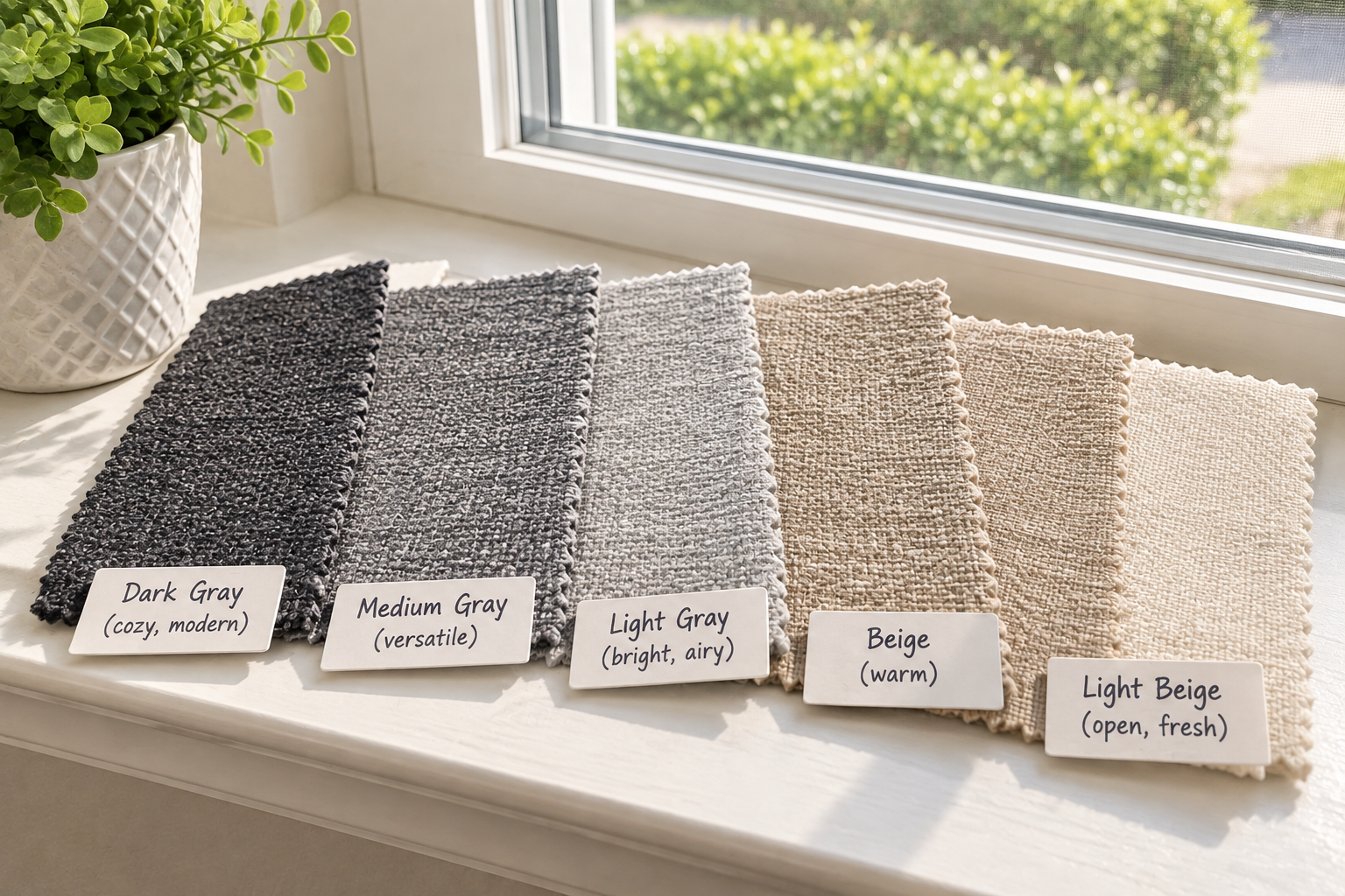 Several gray and beige upholstery swatches laid on a windowsill showing how each looks in natural light