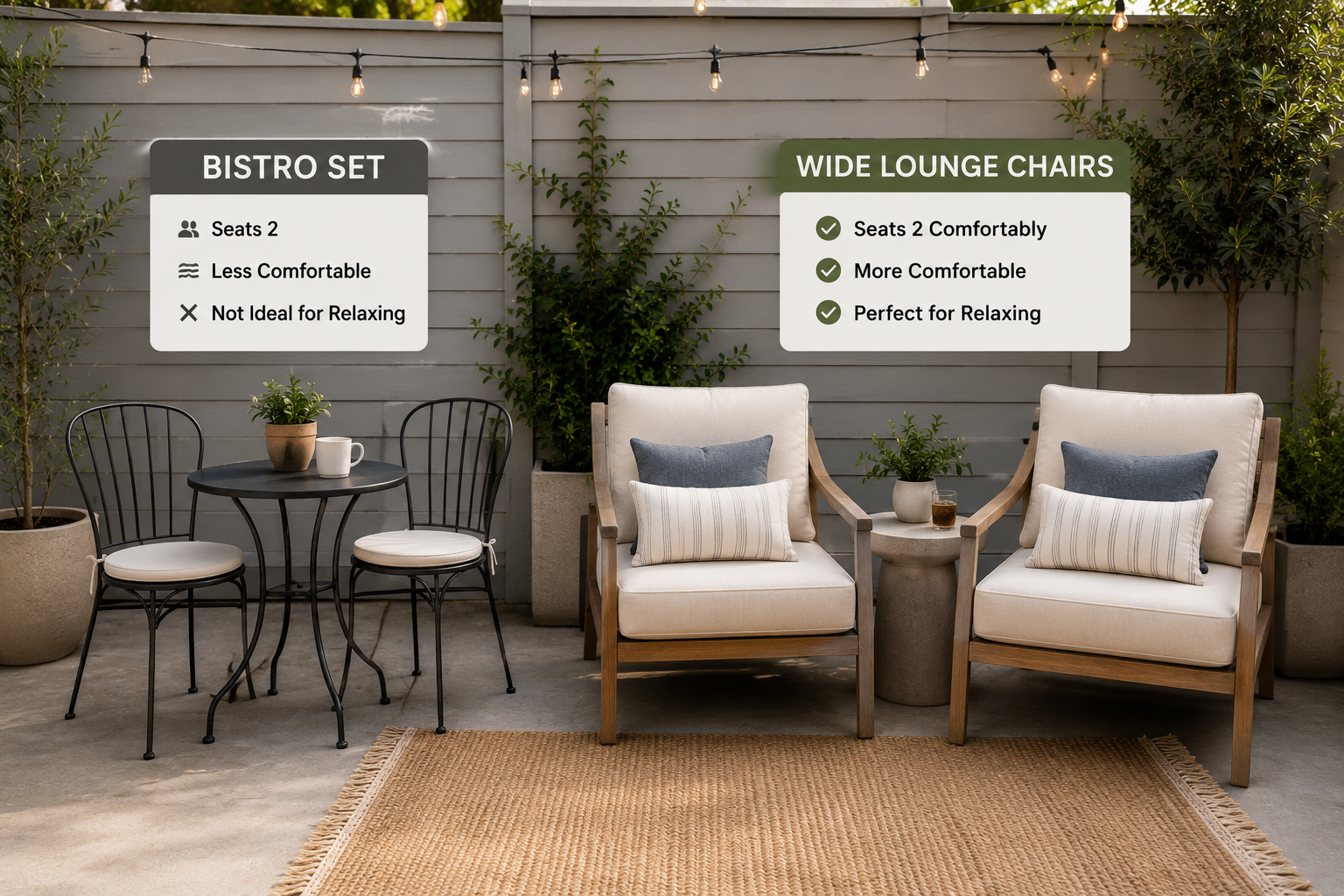 A small metal bistro set beside two wide cushioned lounge chairs showing the difference in seating comfort