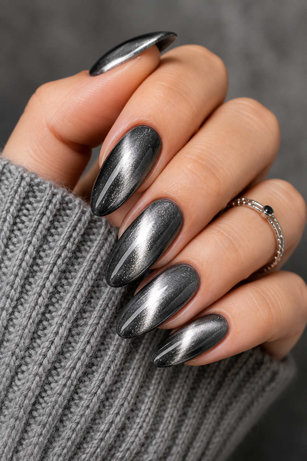 Classic silver and charcoal cat eye nails with a magnetic shimmer effect on almond-shaped gel nails.
