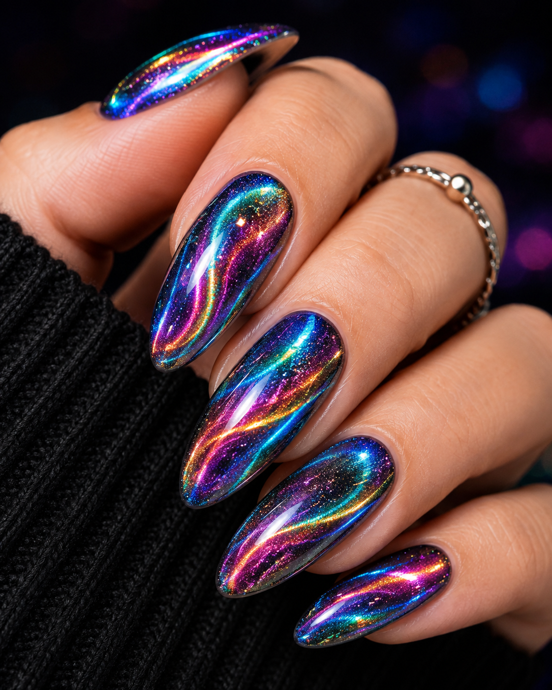 Aurora holographic cat eye nails with a multichrome magnetic shimmer in purple, blue, teal, and gold on almond-shaped nails.