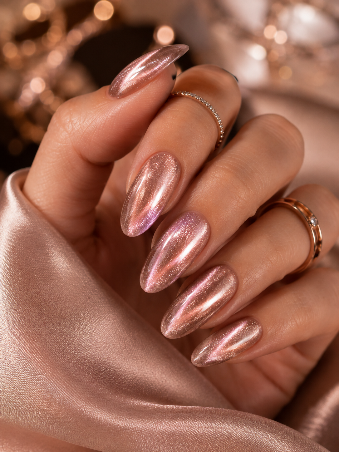 Rose gold cat eye nails with a glossy magnetic shimmer on long almond-shaped nails