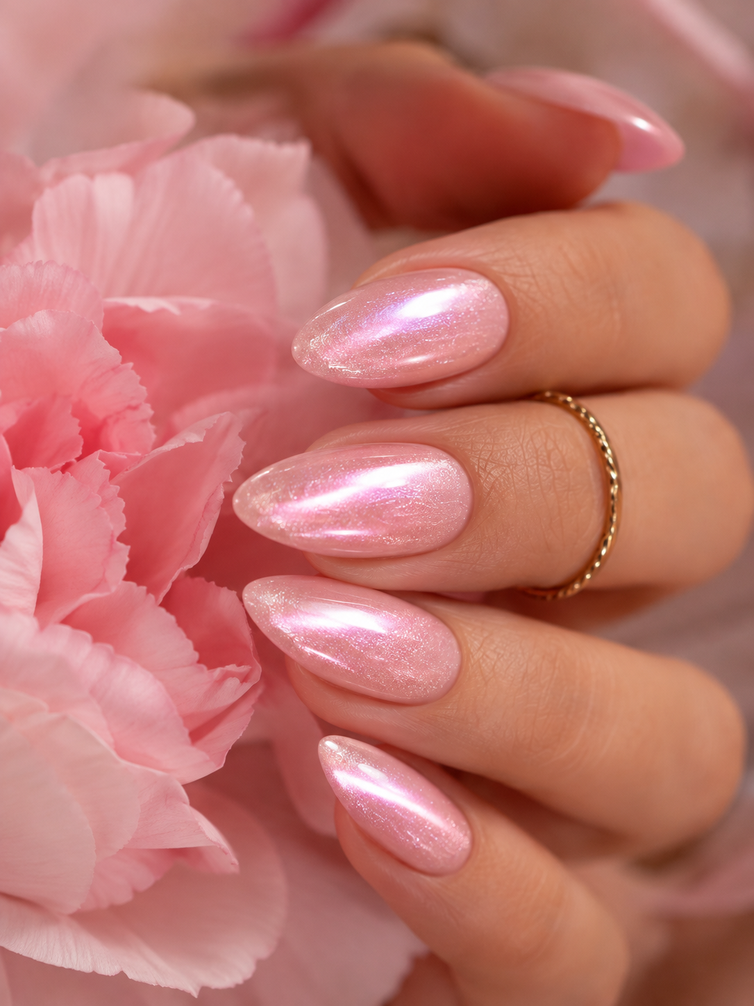 Baby pink cat eye nails with a glossy magnetic shimmer on almond-shaped nails resting against soft pink flowers