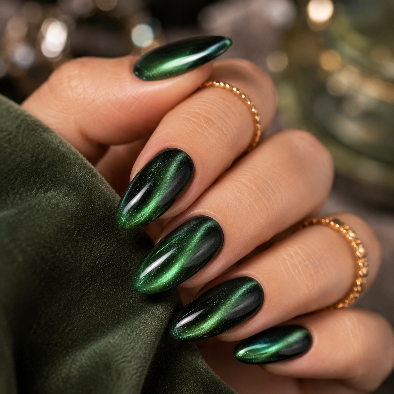 Emerald green cat eye nails with a glossy magnetic shimmer on almond-shaped nails resting on green velvet fabric