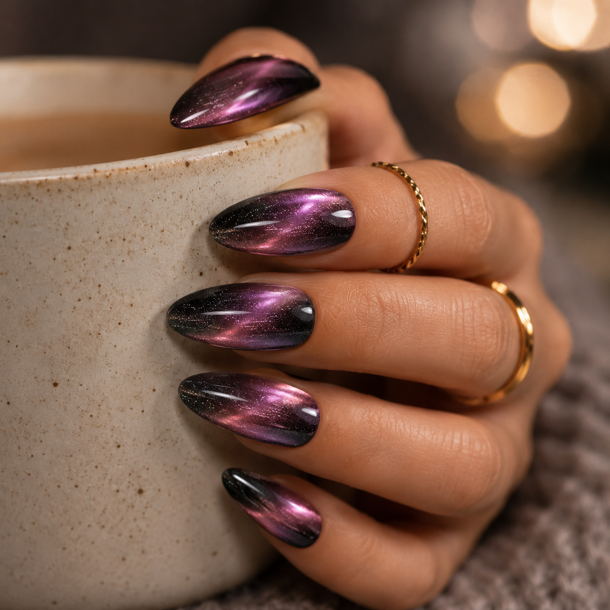 Two-tone cat eye nails with purple and black magnetic shimmer on almond-shaped nails holding a ceramic coffee cup