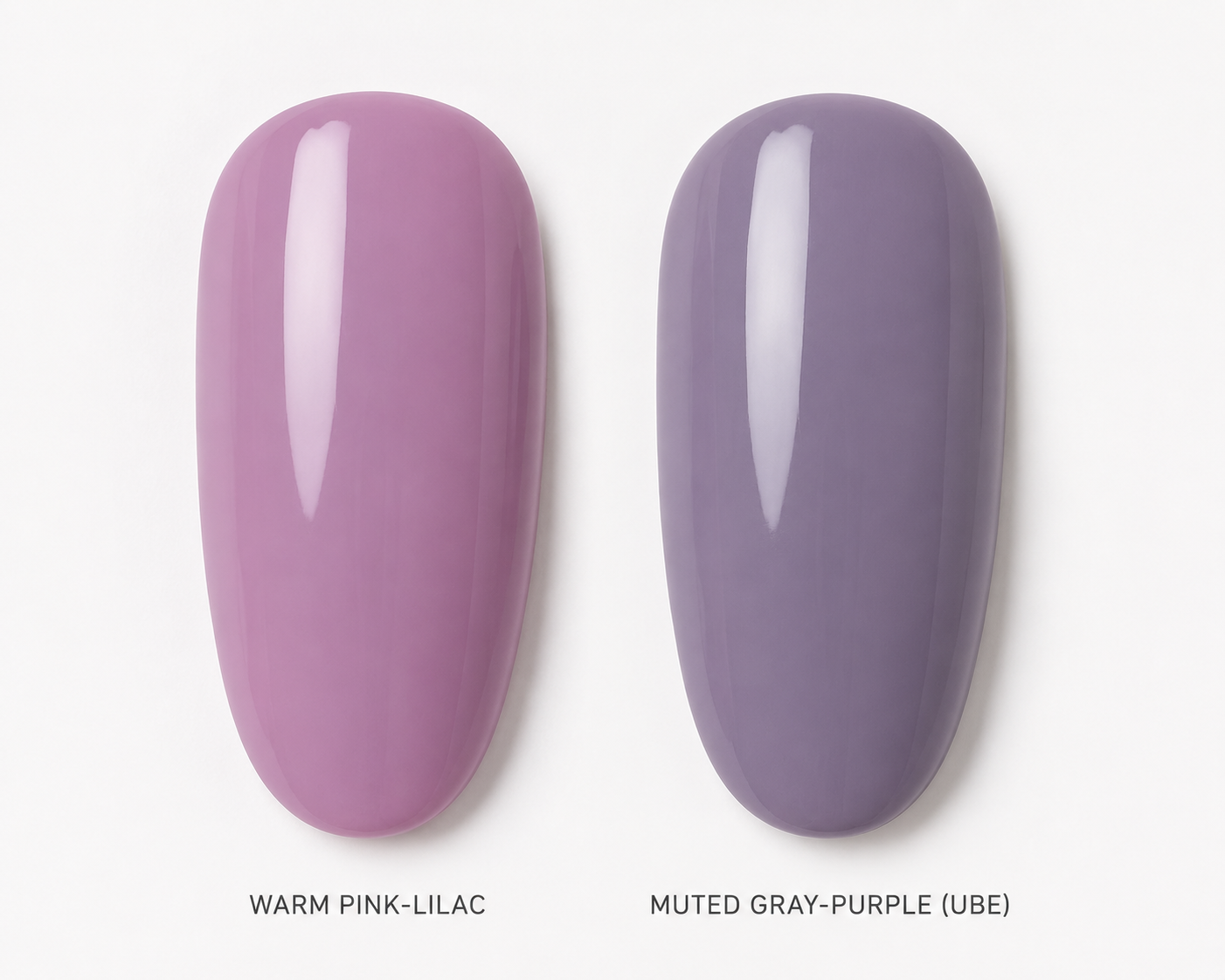 Comparison of warm lilac nail polish versus muted gray-purple ube nail polish