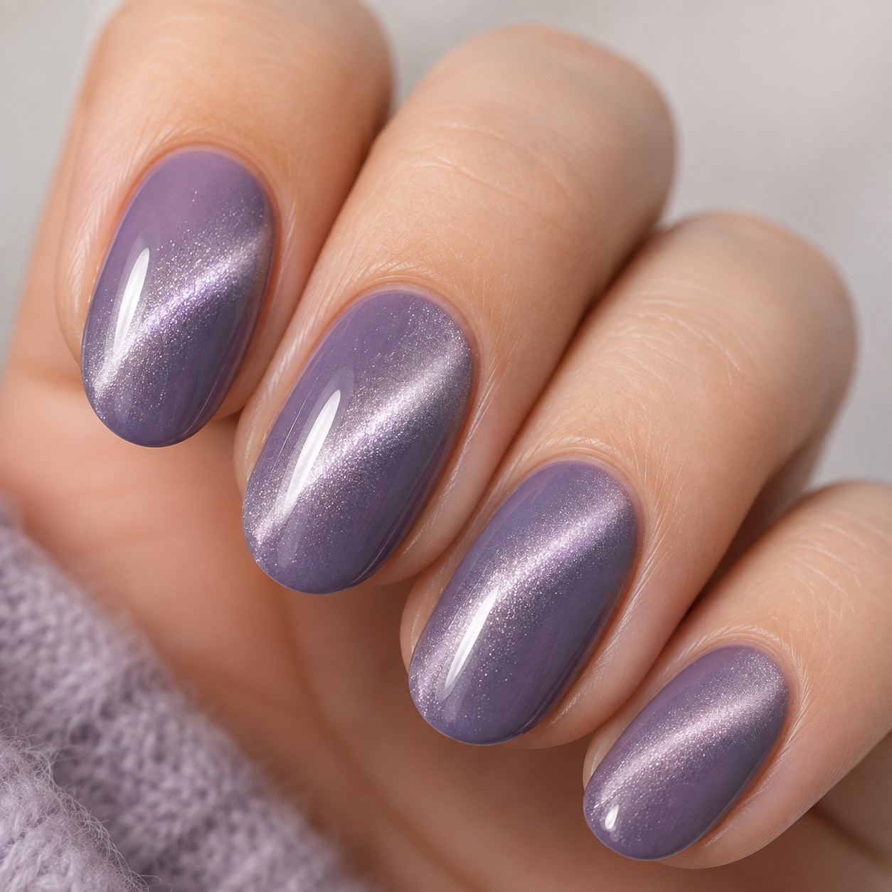 Ube purple manicure with magnetic cat eye silver shimmer effect