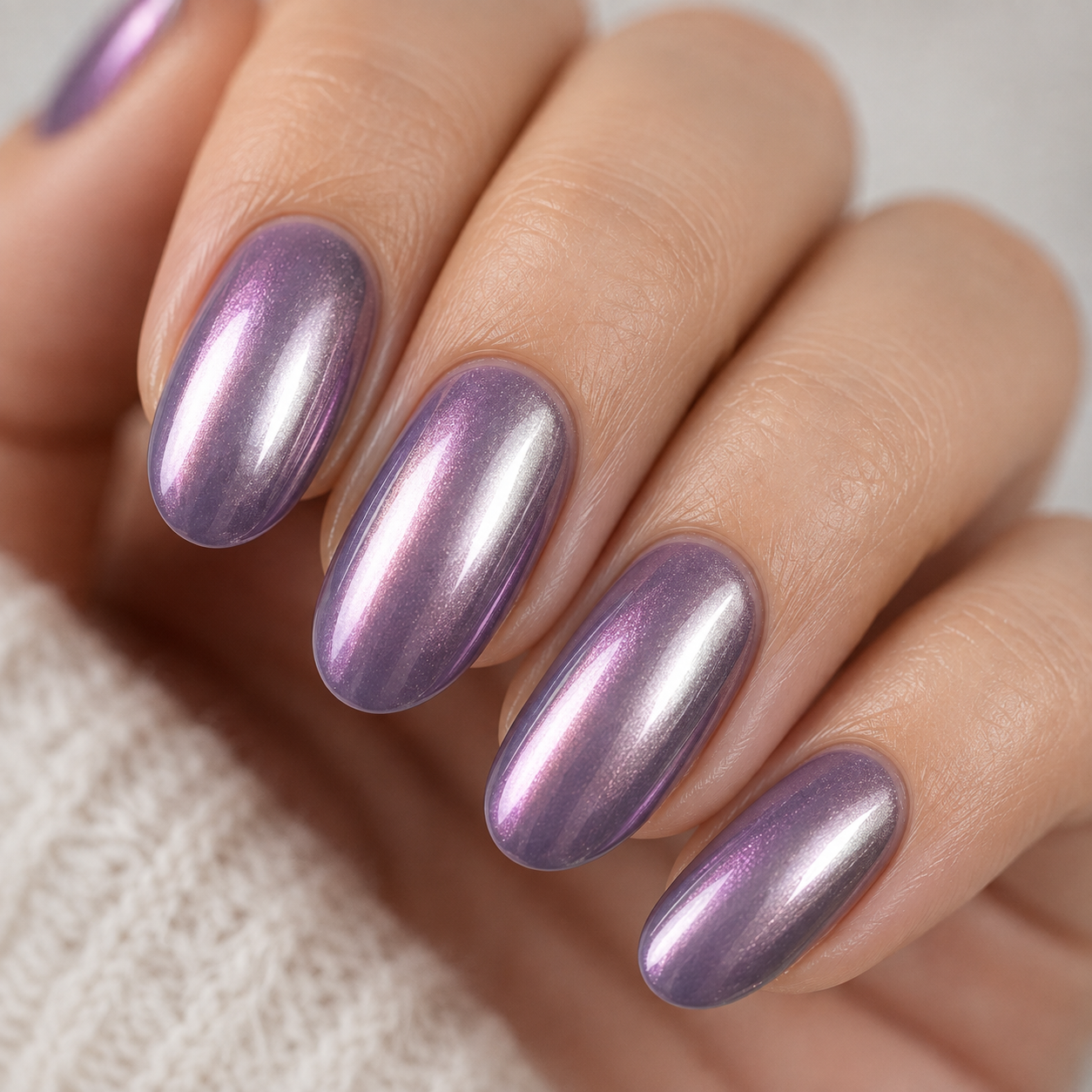 Ube purple nails with chrome powder finish and shimmer
