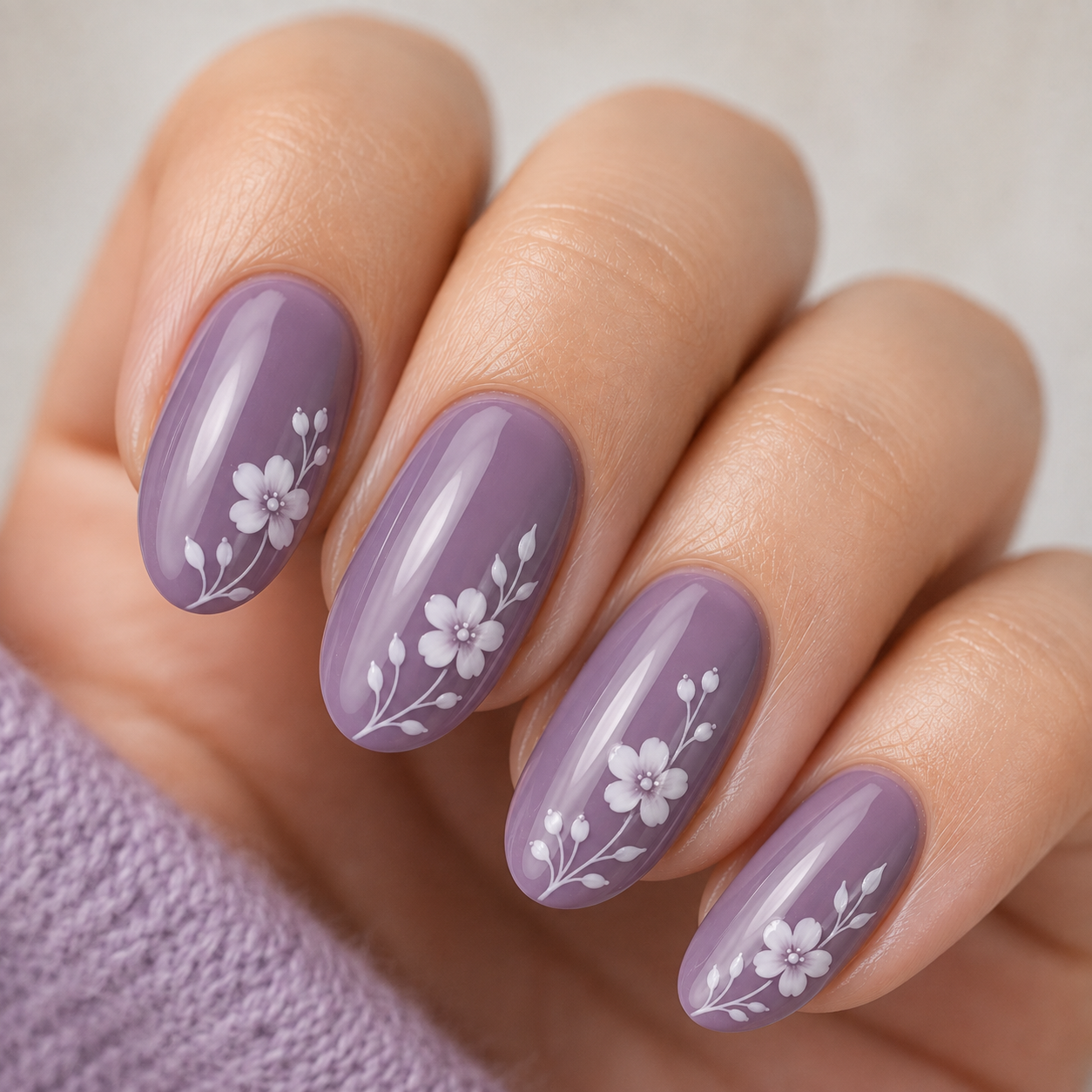 Ube purple manicure with delicate hand-painted floral nail art