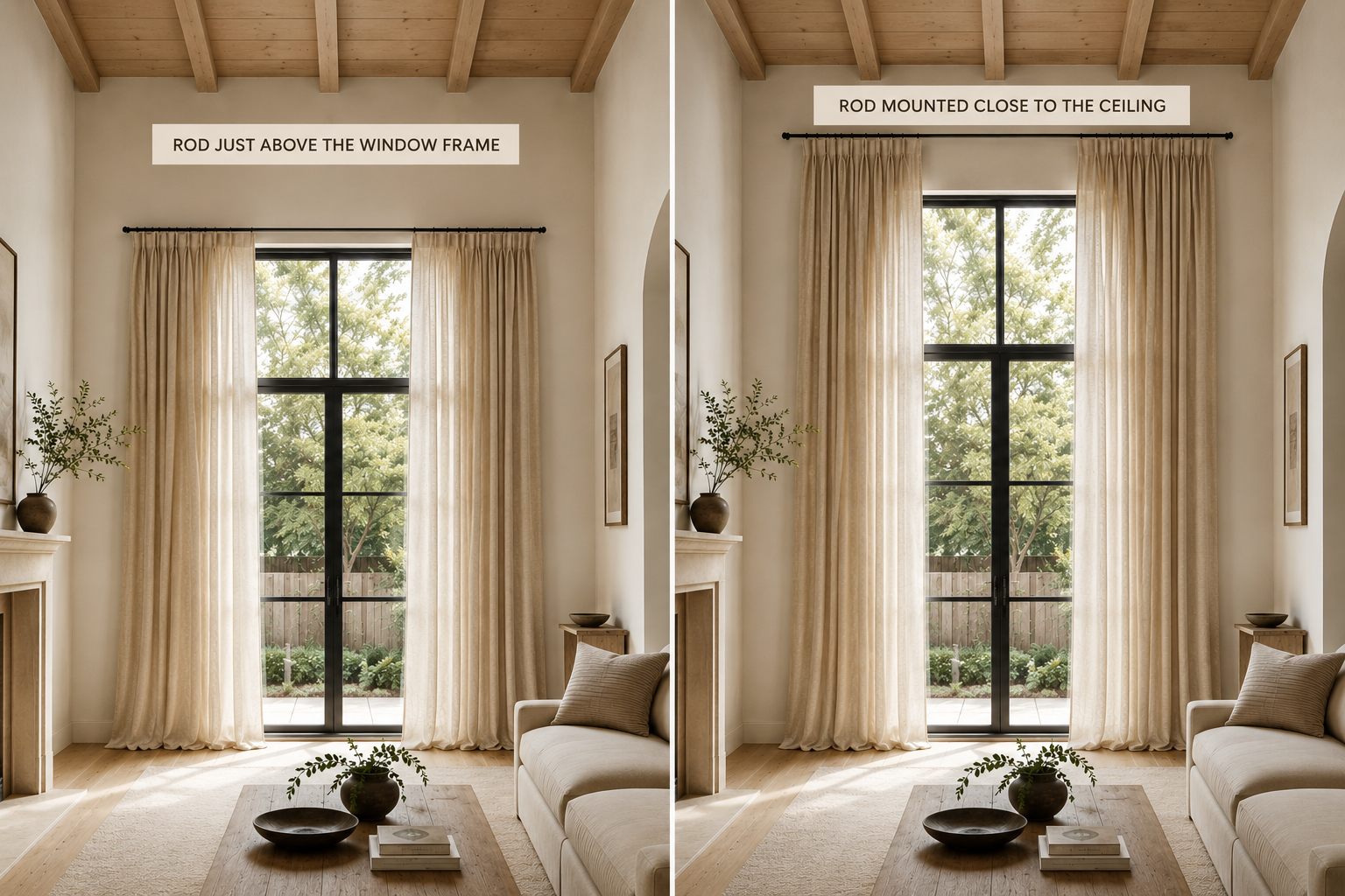 The same window with a curtain rod mounted just above the frame and again mounted six inches below the ceiling