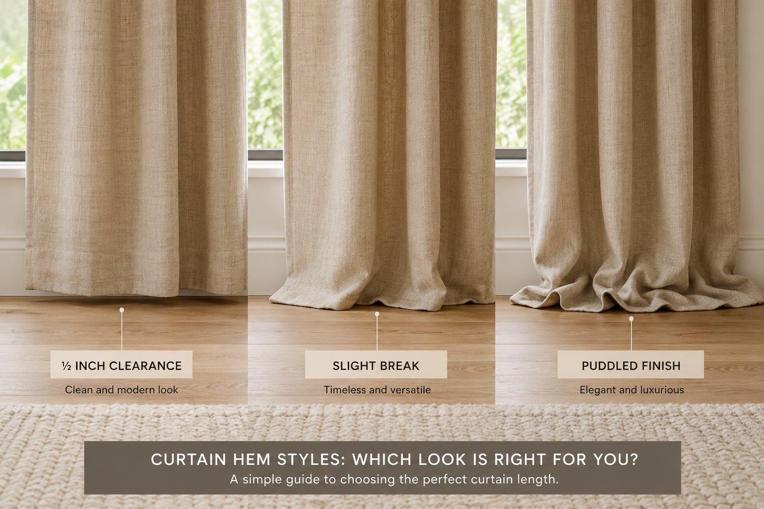Three curtain hems photographed at floor level showing a half inch clearance, a slight break and a puddled finish