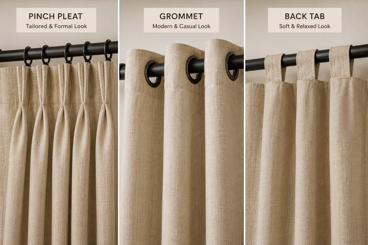 Close up detail of pinch pleat, grommet and back tab curtain headers showing how each forms folds