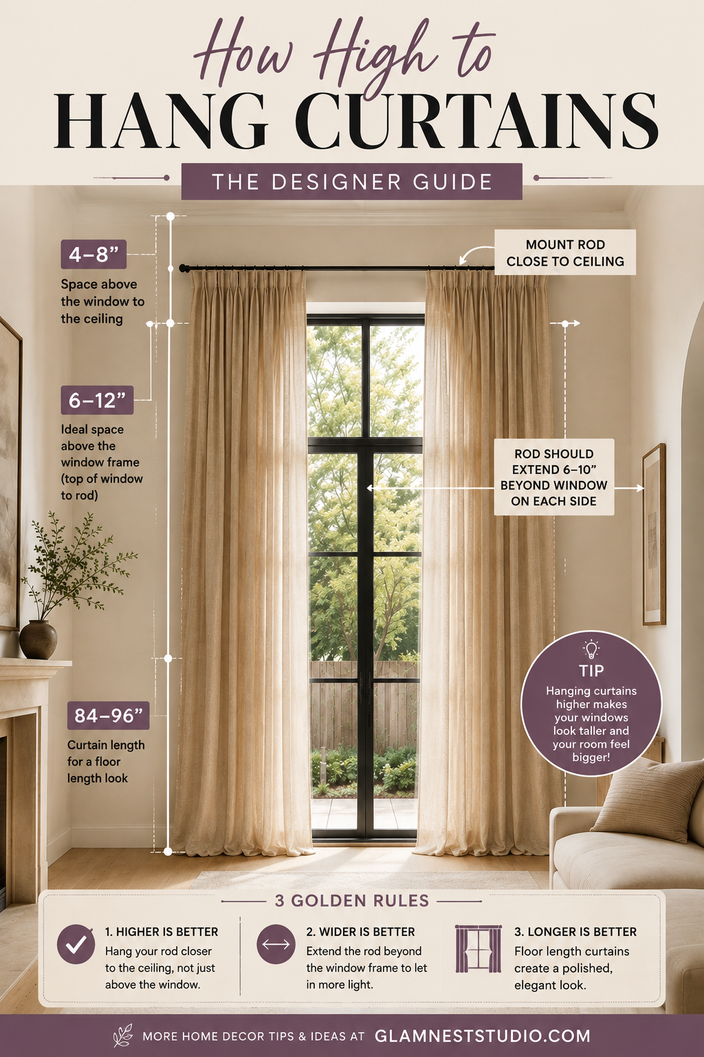 Pinterest graphic reading How High to Hang Curtains with measurements marked over a photo of a tall window