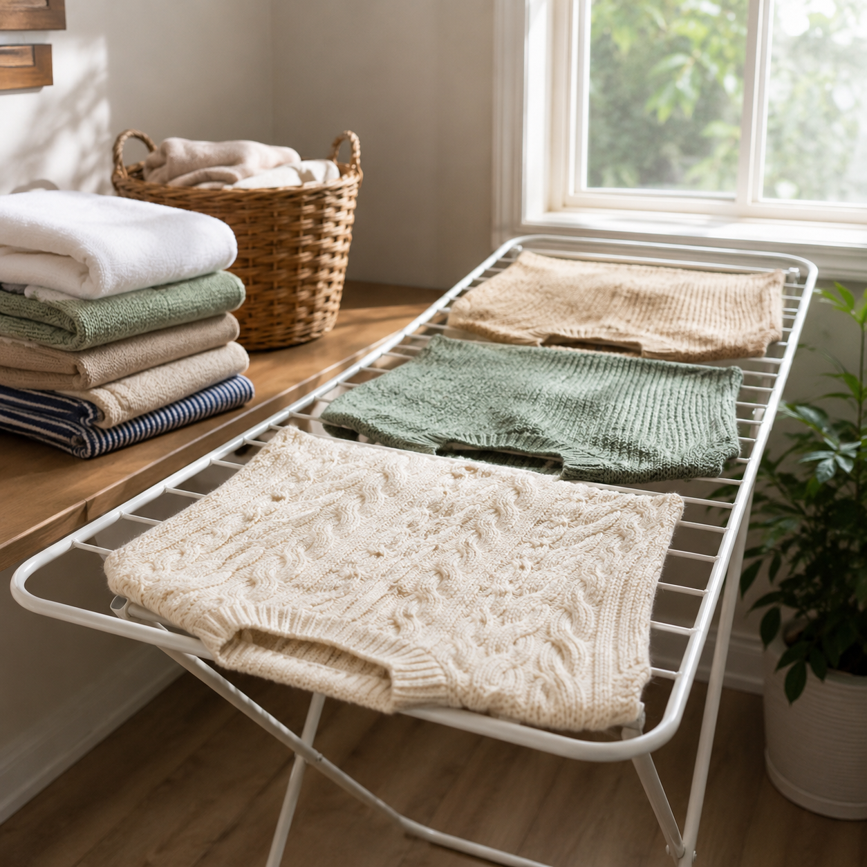 Knit sweaters laid flat on a drying rack beside neatly folded laundry in natural light