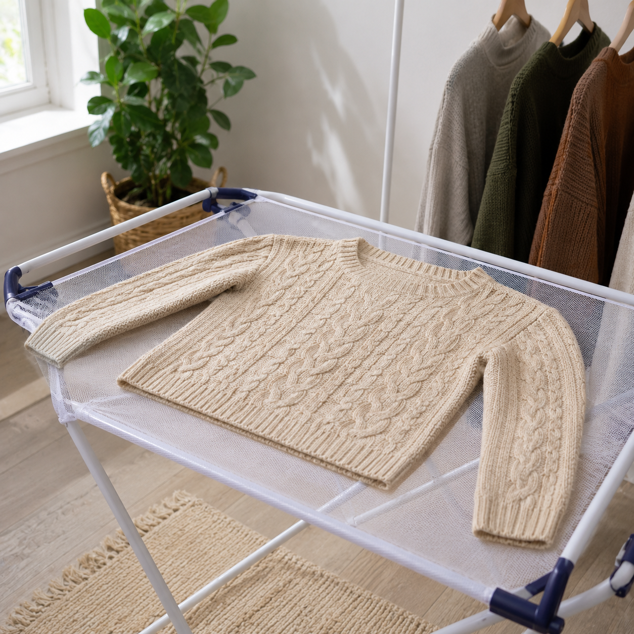 A knit sweater laid flat on a mesh drying rack rather than hung on a hanger